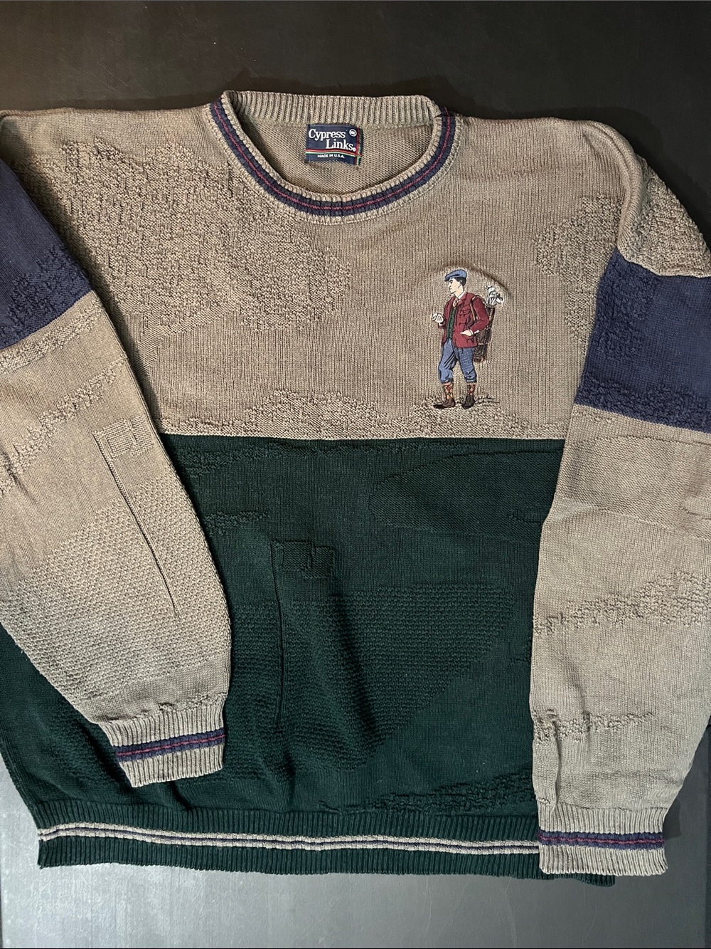 Cypress Links Men's Crewneck Sweater in Beige & Forest Green